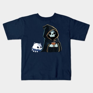 Cute Grim Reaper with Cat Having Coffee Kids T-Shirt